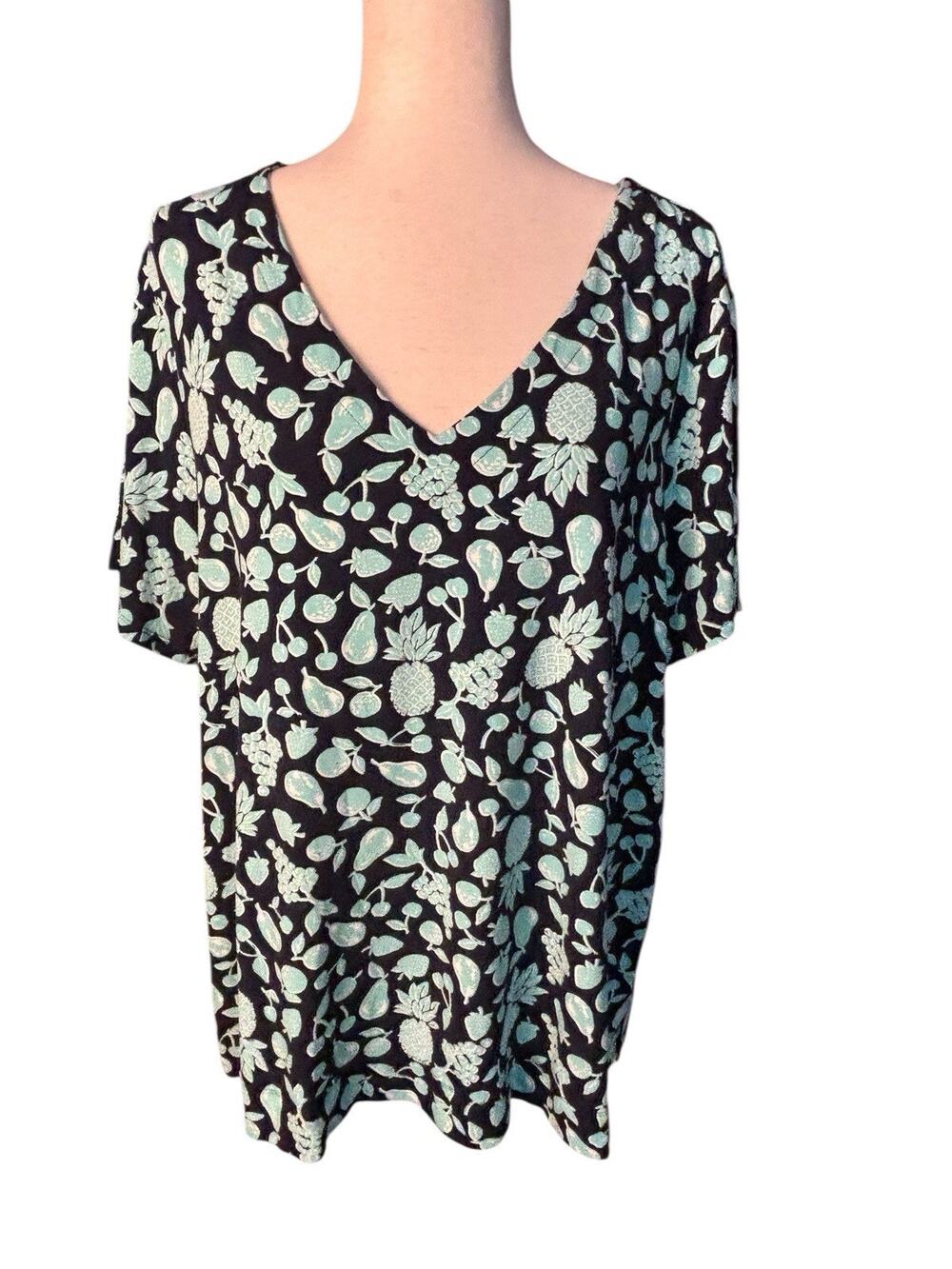 J. Jill Wearever Collection Fruit Print Tee Women's Sz XL Navy Aqua Top T-Shirt